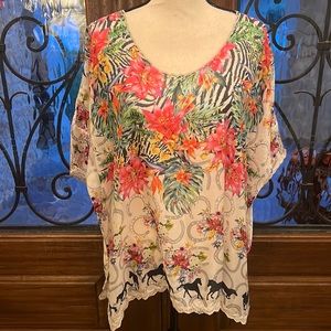 Johnny Was Short Sleeved Floral Silk Blouse
